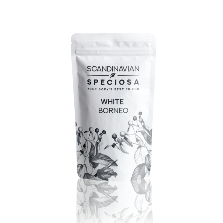 White Borneo Kratom-pulver i förpackning, premiumkvalitet, energigivande och naturligt, tillgängligt i Sverige. Idealisk för välbehag och fokus, från Scandinavian Speciosa
                            