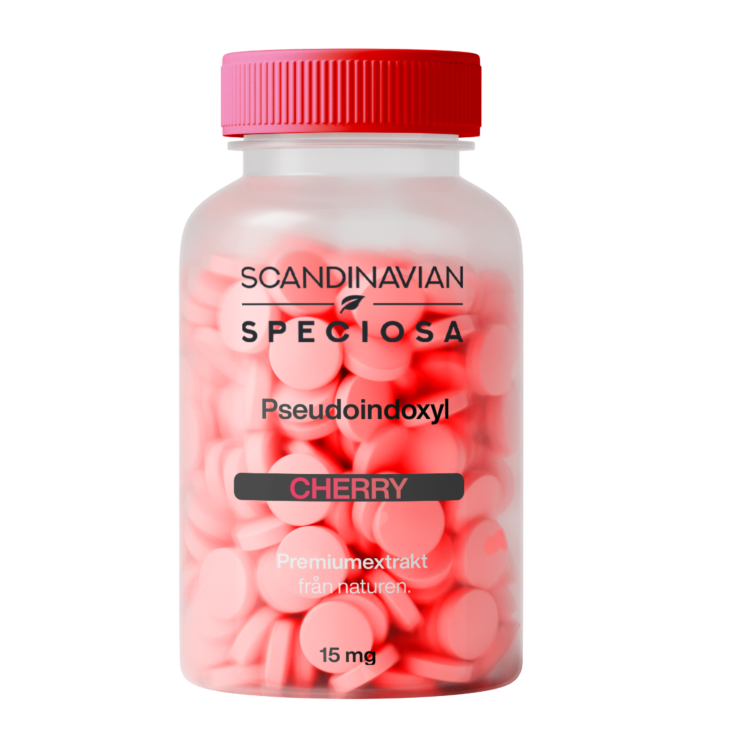 Flaska med Scandinavian Speciosa Pseudoindoxyl 15 mg tabletter i körsbärssmak, premiumextrakt i röd tablettform.              