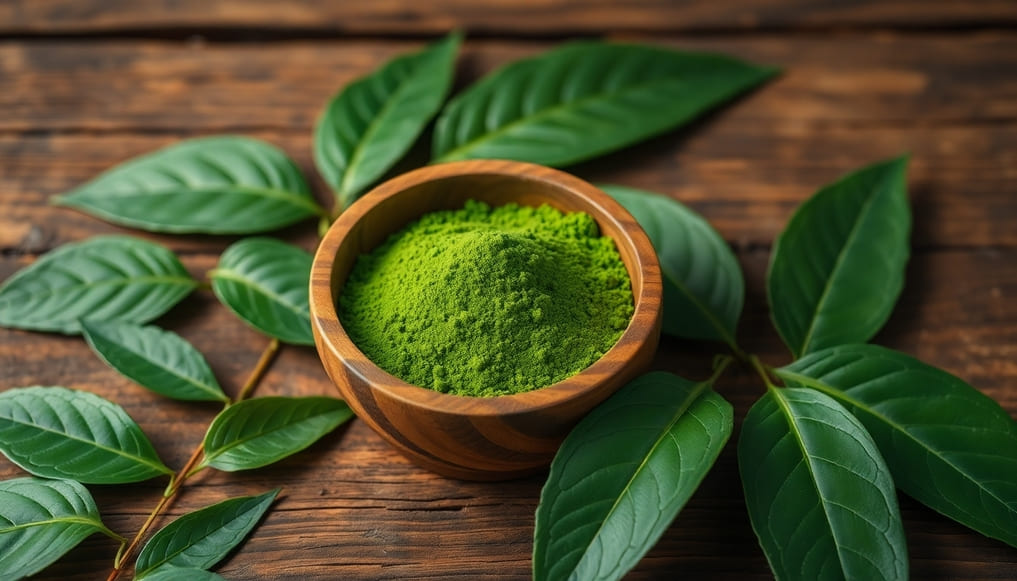 Grönt kratompulver i en träskål med löv.