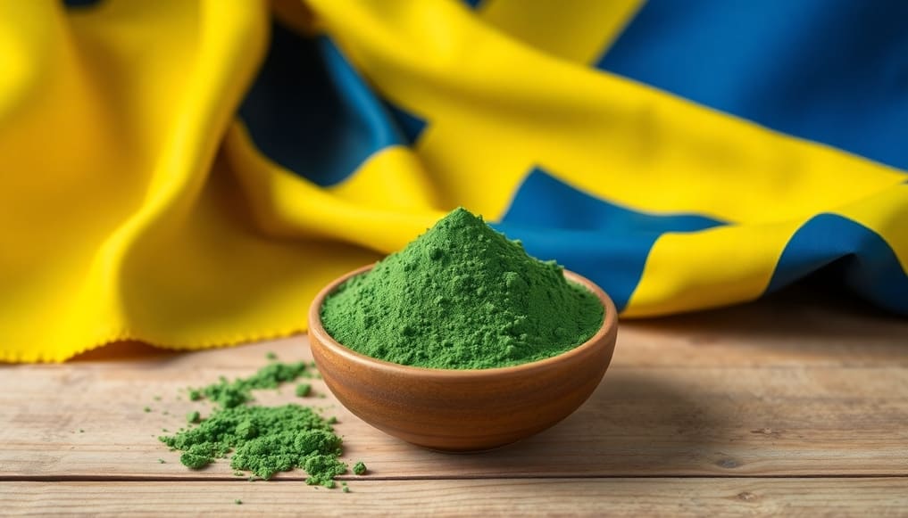 Grönt kratompulver med svenska flaggan i bakgrunden.