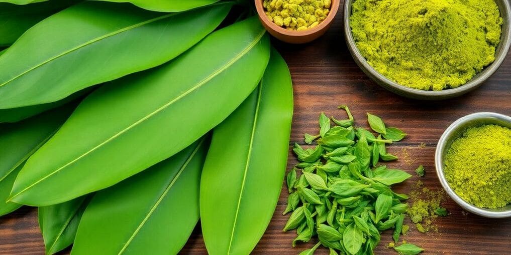 Kratomblad som bearbetas på ett träbord.