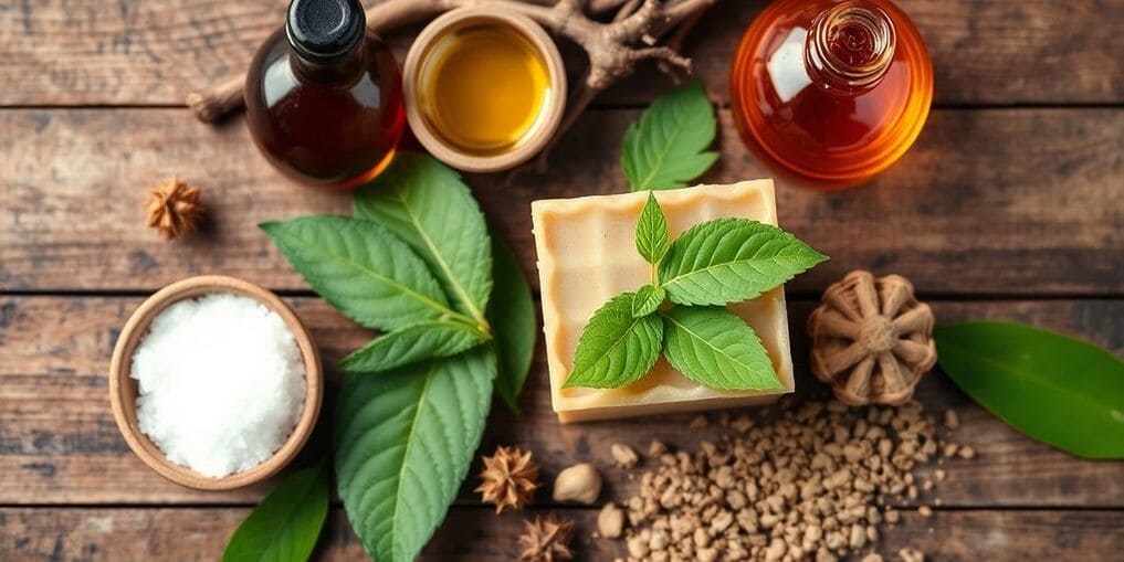 Kratomtvålens ingredienser på träyta.