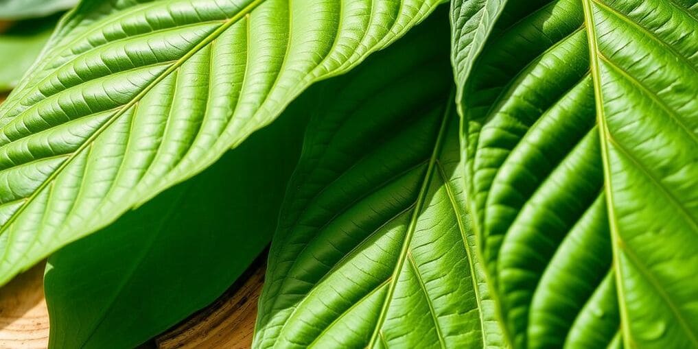 Nära bild av kratomblad på träyta.